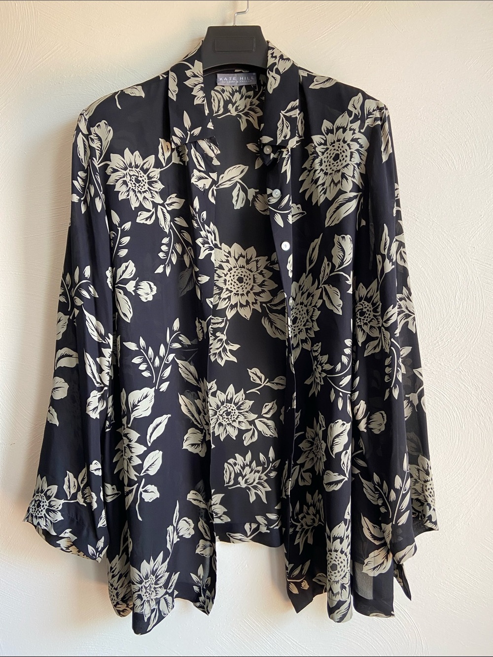 100% Silk Floral Button-Up Shirt with Black and Tan Blooms 1X